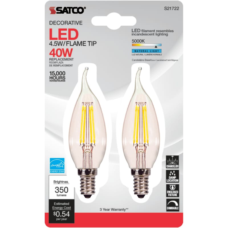 Satco S21842 CA10 (Flame Tip) E12 (Candelabra) LED Bulb Natural Light 40 Watt Equivalence 2 pk