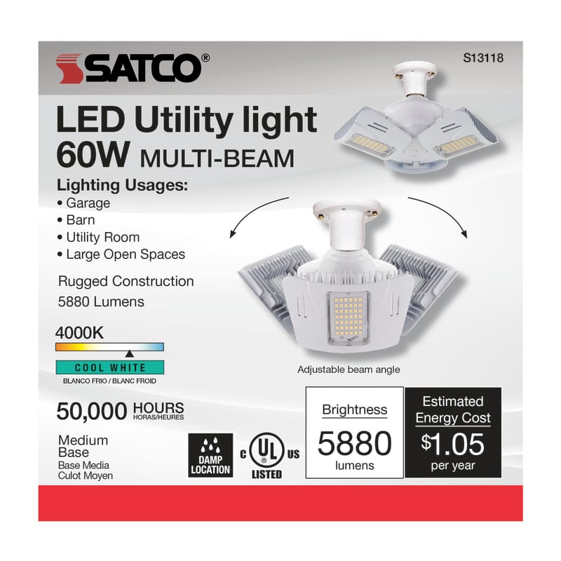 Satco S13118 Wide Surface E26 (Medium) LED Utility Light Cool White 300 Watt Equivalence 1 pk