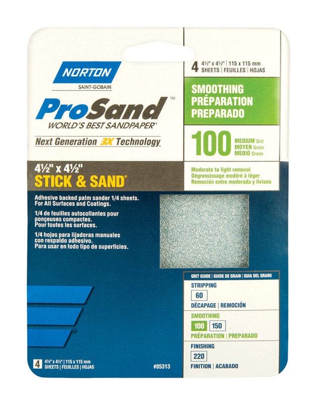 Norton 07660768184 ProSand 4-1/2 in. L X 4-1/2 in. W 100 Grit Aluminum Oxide Sanding Sheet 4 pk