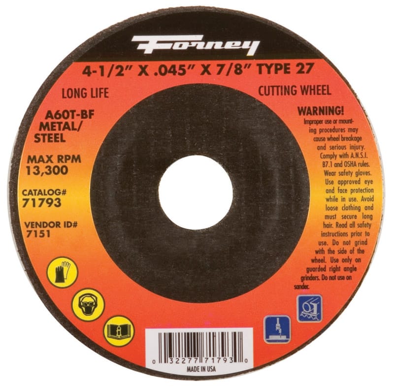 Forney 71793 4-1/2 in. D X 7/8 in. X .045 in. thick Aluminum Oxide Metal Cut-Off Wheel 1 pc