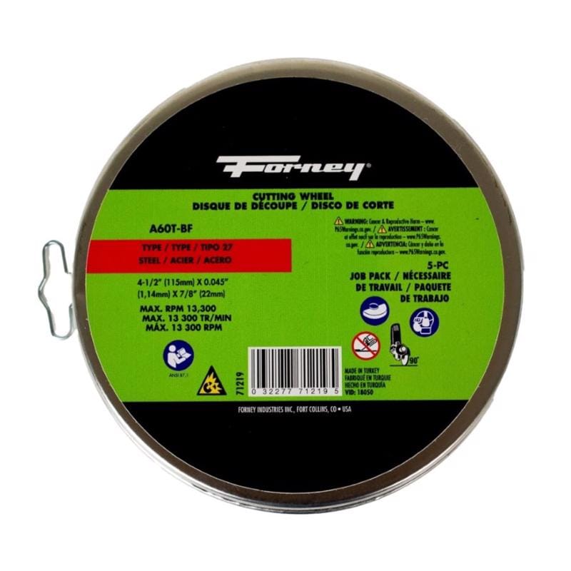 Forney 71219 4-1/2 in. D X 7/8 in. X 1/16 in. thick Aluminum Oxide Metal Cutting Wheel 5 pk