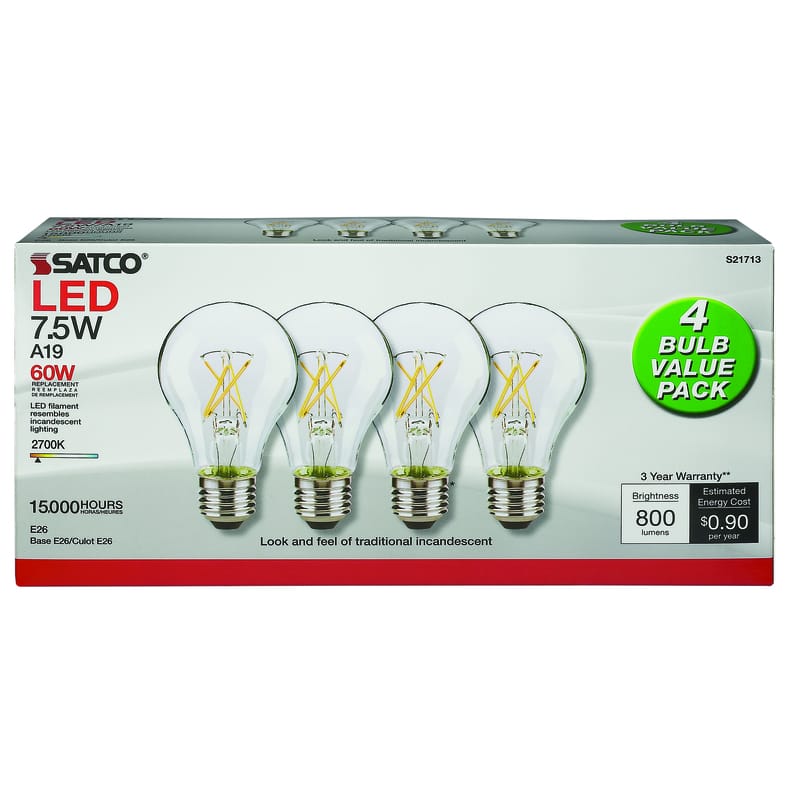 Satco S12462 A19 E26 (Medium) LED Bulb Warm White 60 Watt Equivalence 4 pk