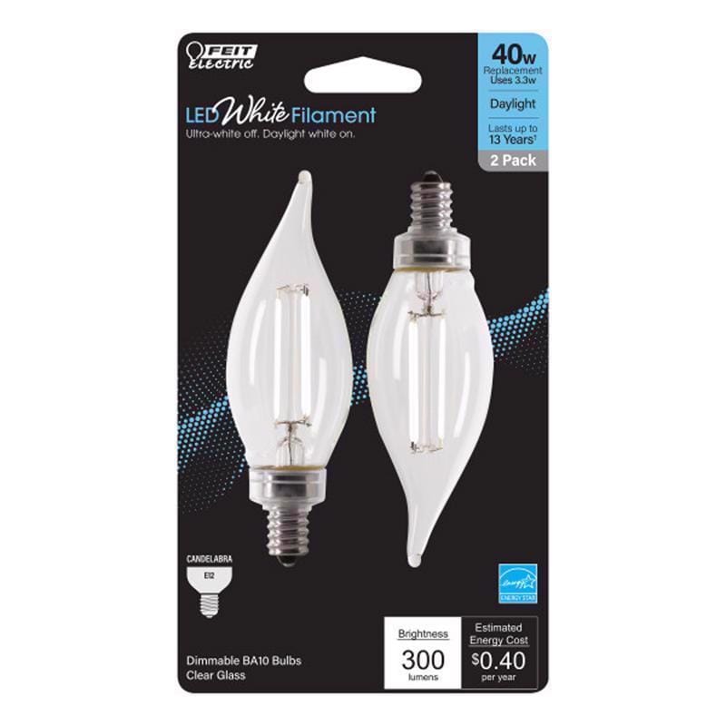 Feit BPCFC40950WFIL2 White BA10 E12 (Candelabra) Filament LED Bulb Daylight 40 Watt Equivalence 2 pk