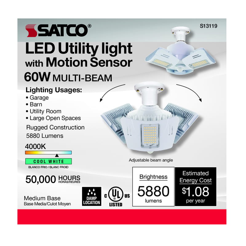 Satco S13119 Wide Surface E26 (Medium) Smart-Enabled LED Motion Sensor Utility Light Cool White 60 Watt Equ