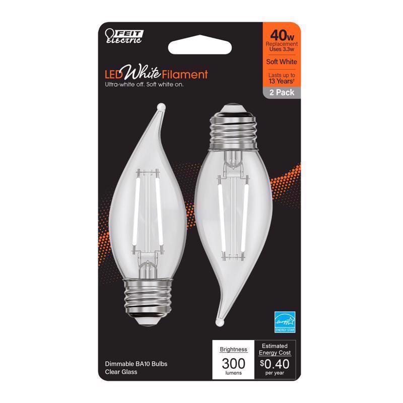 Feit BPEFC40927WFIL2 White BA10 E26 (Medium) Filament LED Bulb Soft White 40 Watt Equivalence 2 pk