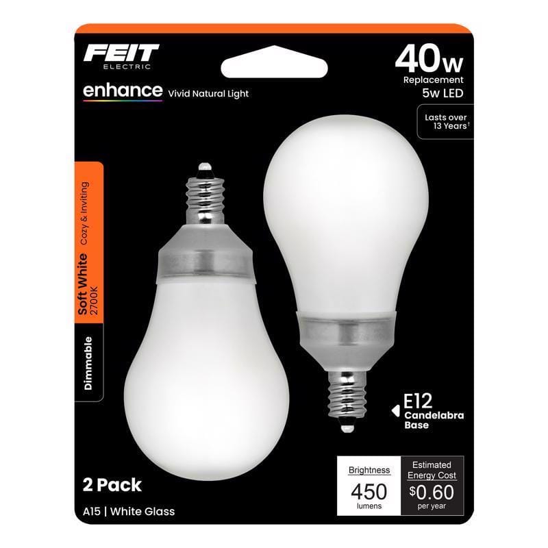 Feit BPA1540C927CA/2 Enhance A15 E12 (Candelabra) LED Bulb Soft White 40 Watt Equivalence 2 pk