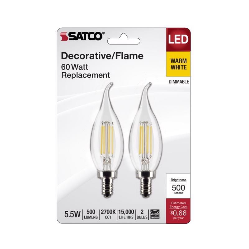 Satco S21846 CA10 (Flame Tip) E12 (Candelabra) Filament LED Bulb Warm White 60 Watt Equivalence 2 pk