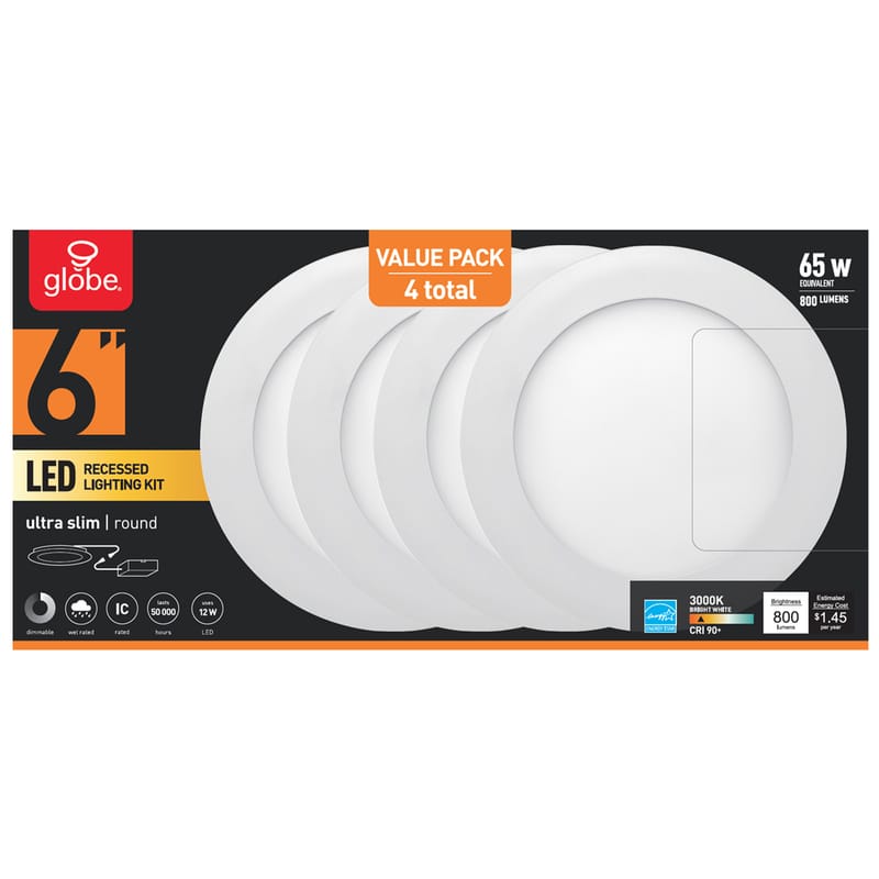 Globe Electric 91494 Ultra Slim Energy Star White 6 in. W Aluminum LED Canless Recessed Downlight 12 W