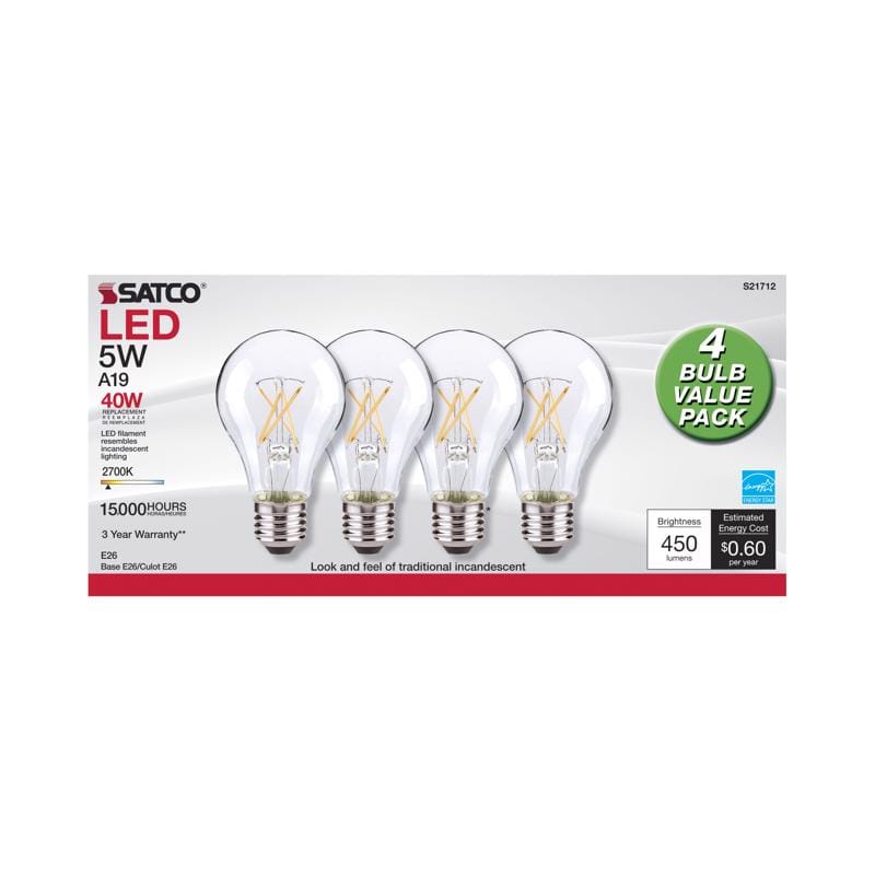 Satco S12460 A19 E26 (Medium) Filament LED Bulb Warm White 40 Watt Equivalence 4 pk