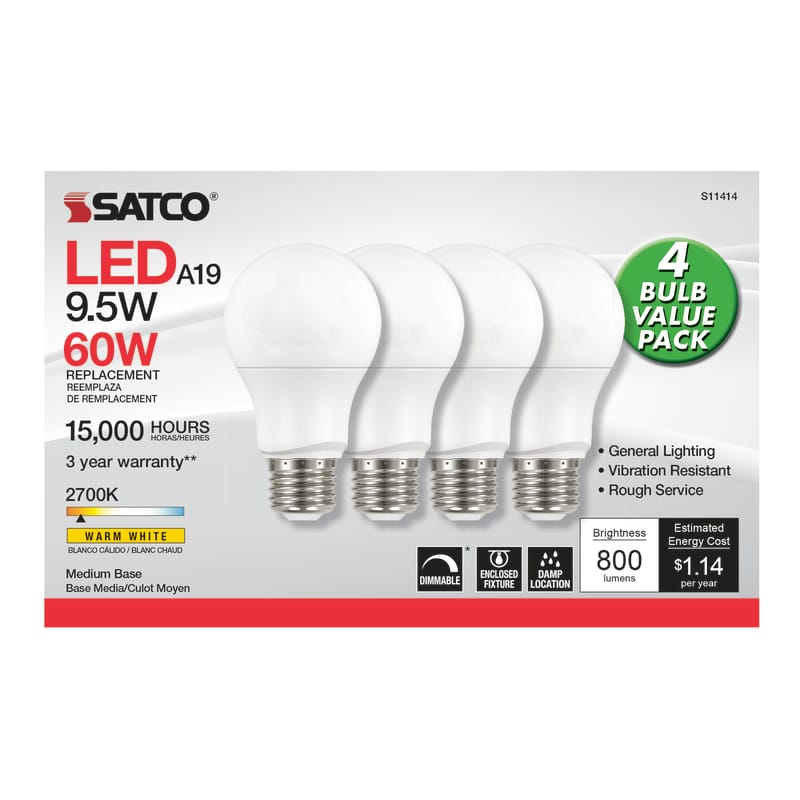 Satco S11414 A19 E26 (Medium) LED Bulb Warm White 60 Watt Equivalence 4 pk
