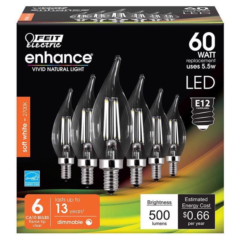 Feit CFC60927CAFIL6 Enhance CA10 (Flame Tip) E12 (Candelabra) Filament LED Bulb Soft White 60 Watt Equivalence 6 pk
