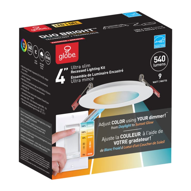 Globe Electric 91497 Ultra Slim Energy Star Frost White 4 in. W Metal LED Canless Recessed Downlight 9 W
