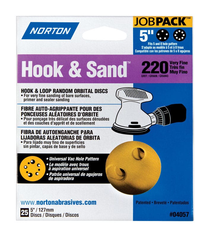 Norton 07660704057 Hook & Sand 5 in. Aluminum Oxide Hook and Loop A290 Sanding Disc 220 Grit Very Fine 25 pk