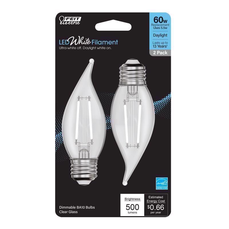 Feit BPEFC60950WFIL2 White BA10 E26 (Medium) Filament LED Bulb Daylight 60 Watt Equivalence 2 pk