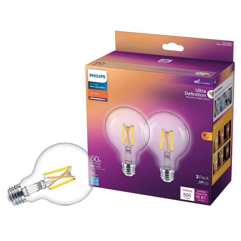 Philips 564906 G25 E26 (Medium) LED Bulb Soft White 60 Watt Equivalence 2 pk