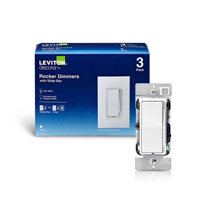 Leviton DSL01-M02-3PW Decora White 600 W Rocker Dimmer Switch 3 pk