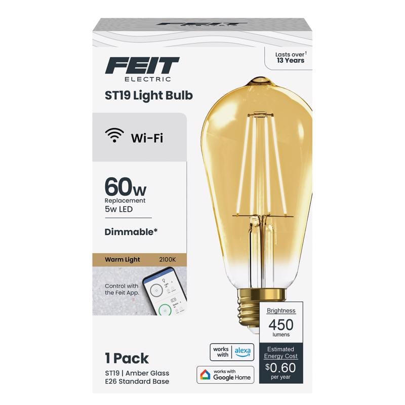 Feit ST1960/FIL/AG Smart Home ST19 E26 (Medium) Smart-Enabled LED Bulb Amber 60 Watt Equivalence 1 pk