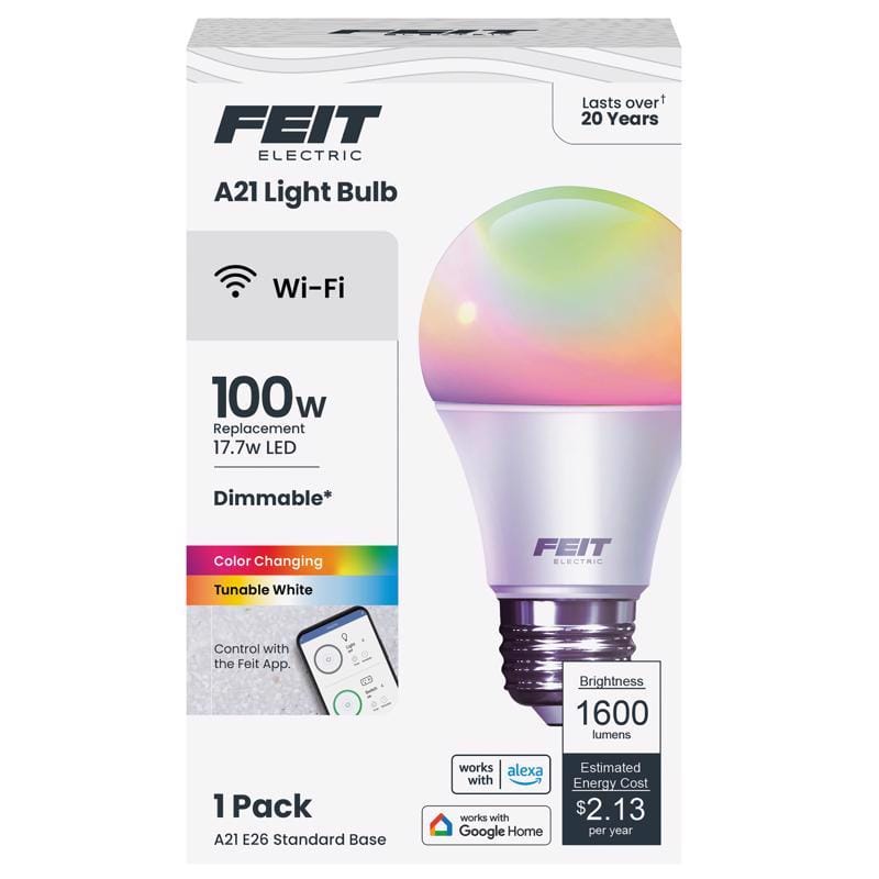 Feit OM100RGBWCAAGRP Smart Home A21 E26 (Medium) Smart-Enabled LED Bulb Color Changing 100 Watt Equivalence 1 pk