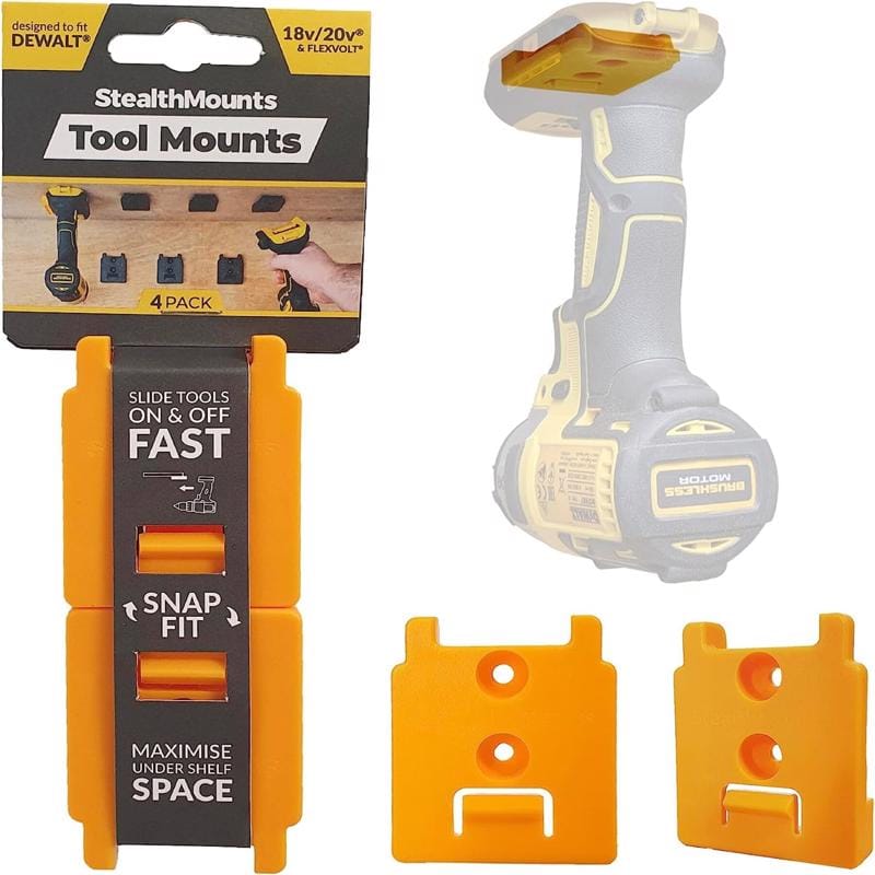 S TM-DW18-YLW-4 StealthMounts Tool Holders Compatible with DeWalt 18/20V & Flexvolt; Yellow ABS Tool Holder 4 pk
