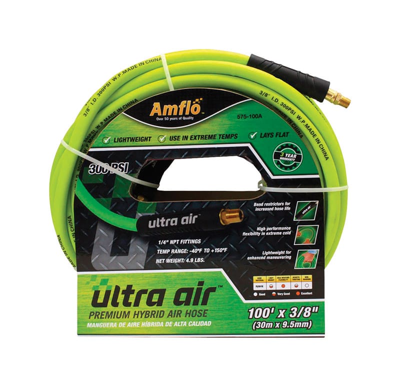 Amflo 575-100A Ultra Air 100 ft. L X 3/8 in. D Rubber/PVC Hybrid Air Hose 300 psi Yellow