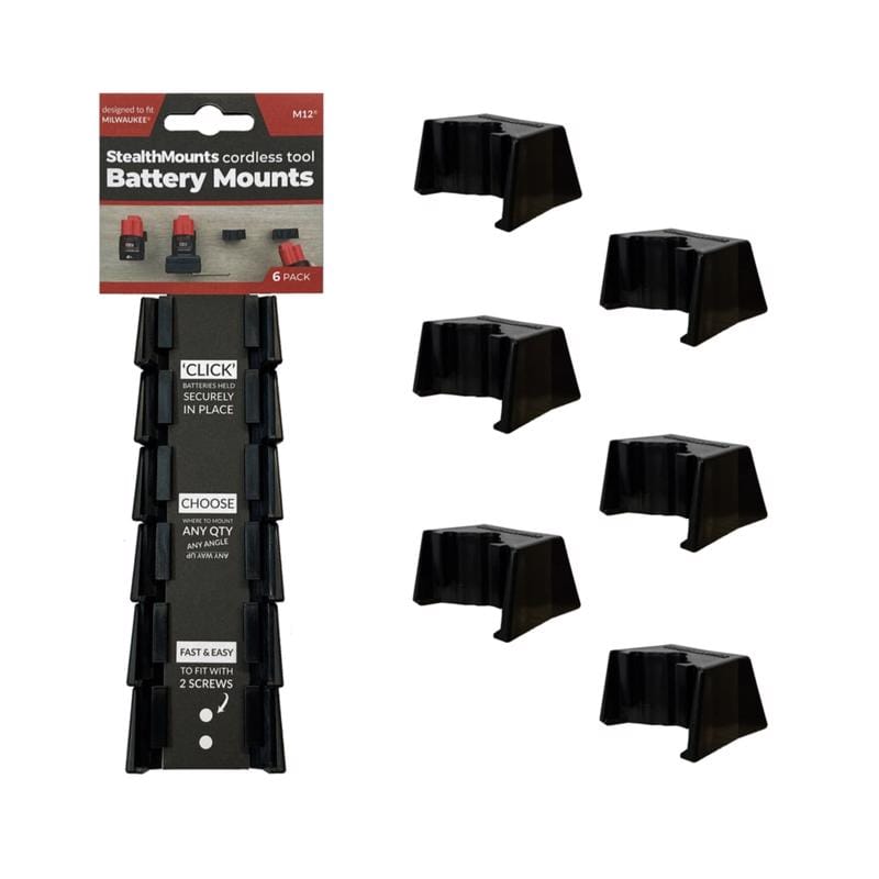 Stealthmounts BM-MW12-BLK-6 Battery Mounts Compatible with Milwaukee M12; Black ABS Battery Holder 6 pk
