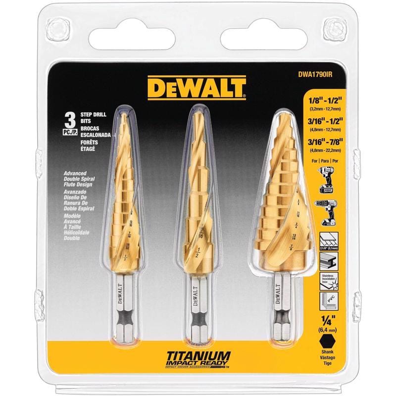 Dewalt DWA1790IR Impact Ready Assorted Titanium Nitride Coated Step Drill Bit Set Hex Shank 3 pc