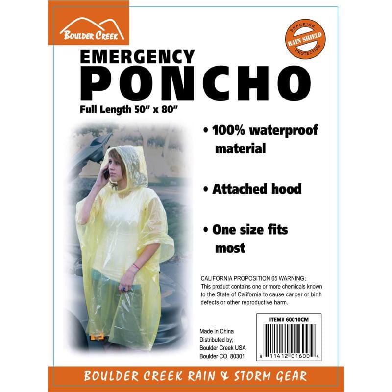 Boulder Creek 60010CM Yellow PVC Emergency Poncho One Size Fits All 2 mil