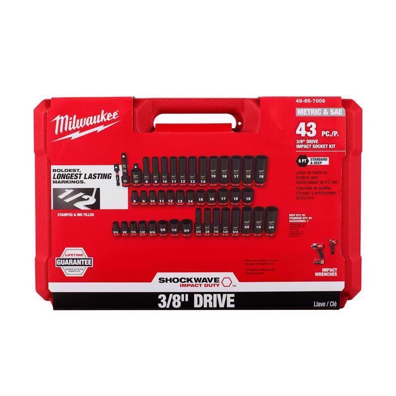 Milwaukee 49-66-7009 Shockwave 3/8 in. drive Metric/SAE 6 Point Standard/Deep Impact Rated Socket Set 43 pc