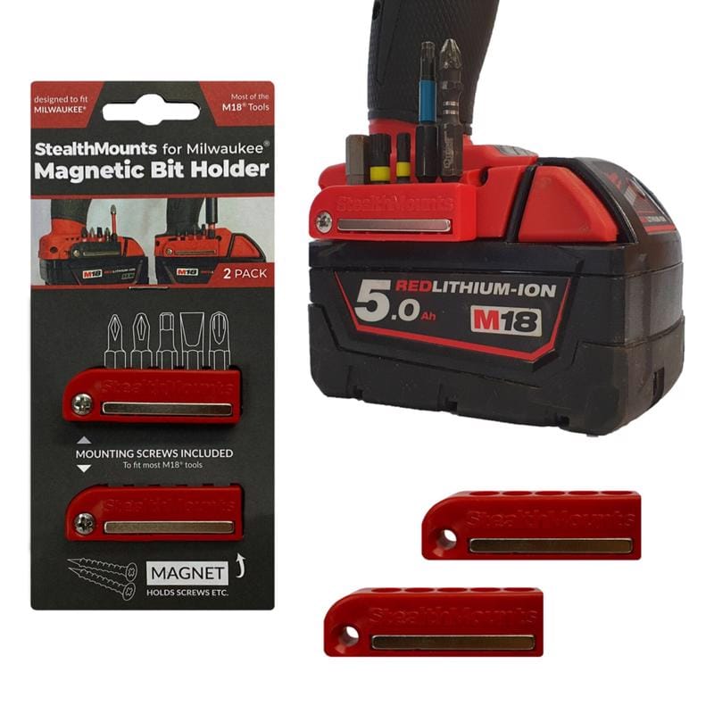 Stealthmounts BH-MW18-RED-2 Bit Holders Compatible with Milwaukee M18; Red ABS Magnetic Bit Holder 2 pk