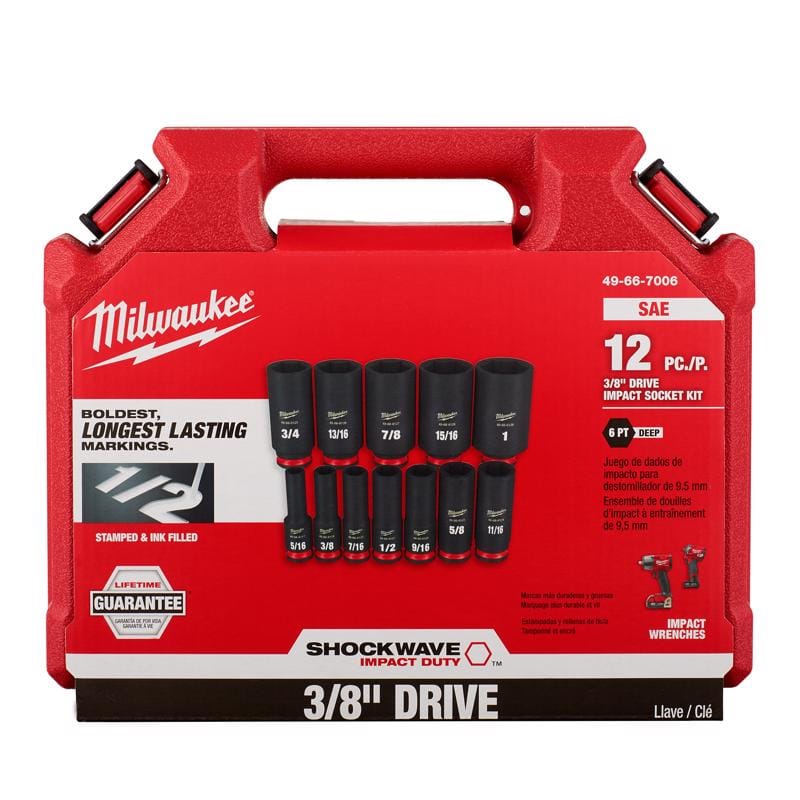 Milwaukee 49-66-7006 Shockwave 3/8 in. drive SAE 6 Point Square Deep Socket Set 12 pc